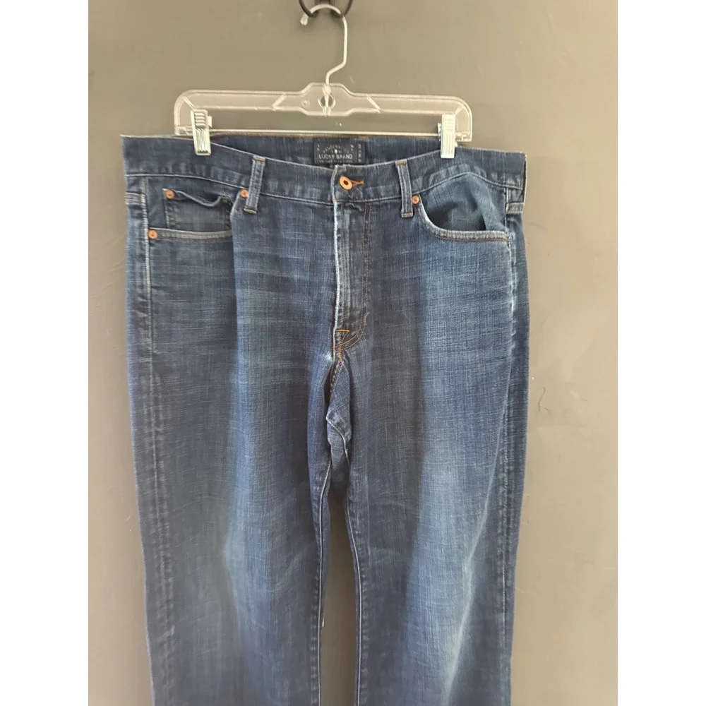 Lucky Brand 455 Relaxed Boot Jeans Mens 36x34 Blue Medium Wash Distressed Hem